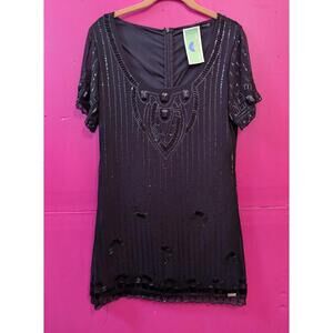 Sheer Black Beaded Sequin Cocktail Mini Dress S